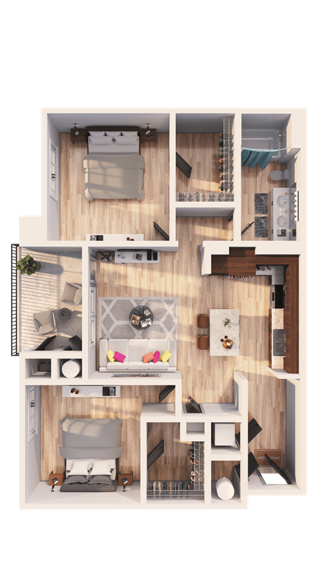 Floor plan for 2 beds, 1 bath, 898 sqft